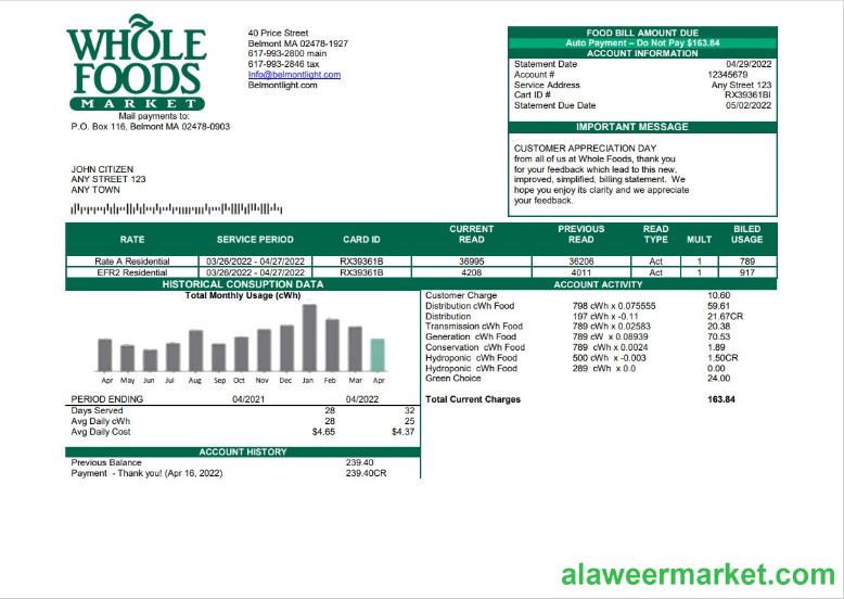 USA Whole Foods Market utility bill template in Word and PDF format